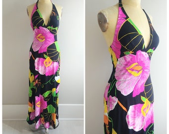 Small Vintage 1970s Halter Summer Maxi Dress Retro Flower Print Gown