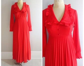 M/L Vintage Red Ruffle Accordion Dress Boho Hippie Summer Mini Gown