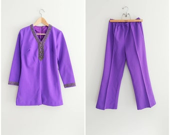 Medium Vintage 1970s Womens Purple Shirt Pant Matching Set