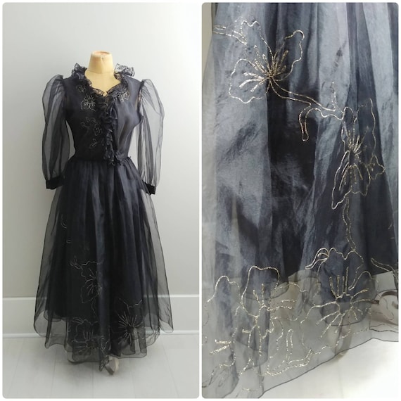 Small Vintage Black Sheer Organza Lace Ruffle Dres
