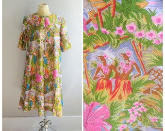 Medium Vintage Dress 1960s Hawaiian Colorful Dress Tropical Summer Hula Dancer Hawaii Surfer Print