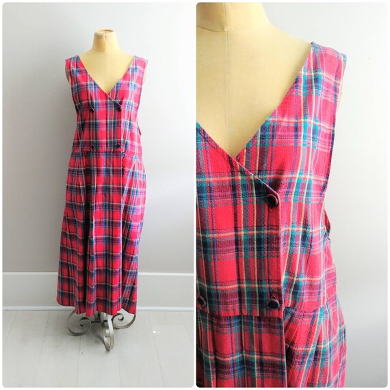 Large Vintage 1990s Oversized Plaid Midi Dress
