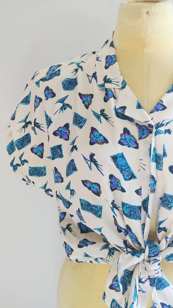 Large Vintage Silk Womens Blouse Peacock Novelty … - image 7