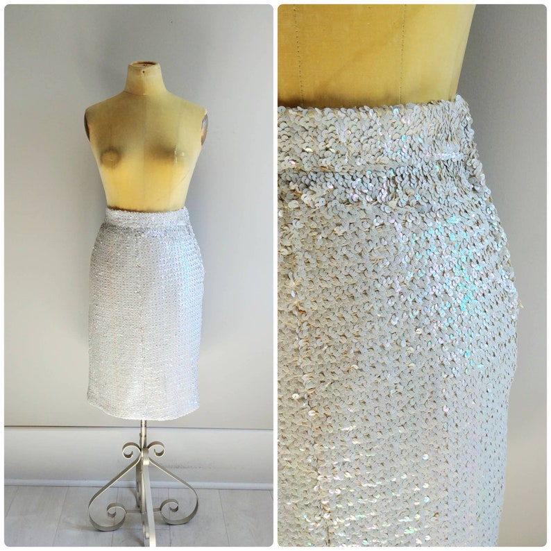 Small Vintage White Sequin Skirt 1960s Iridescent Glitter Party Dress