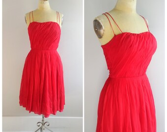 Small Vintage 1950s Womens Red Chiffon Dress Hollywood Cocktail Party Gown Holidays