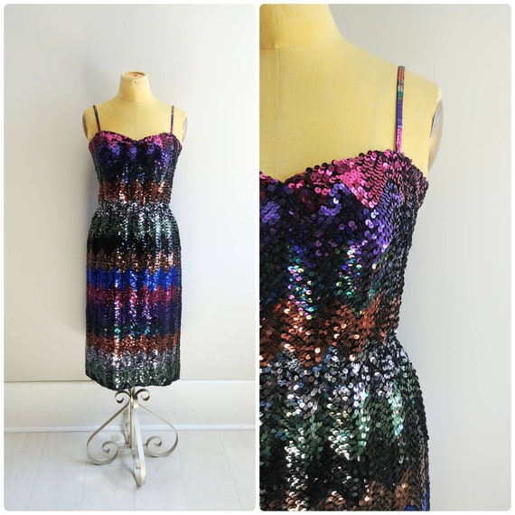 Small Vintage Sequin Dress Rainbow Glitter Party G