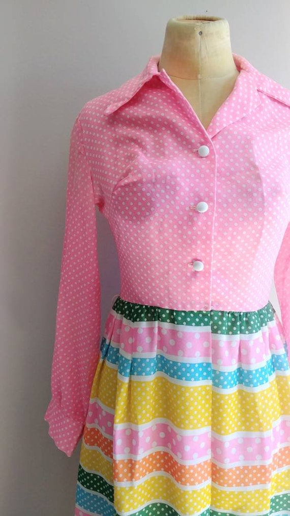 Small Vintage 1960s Dress Cotton Rainbow Polka Do… - image 5