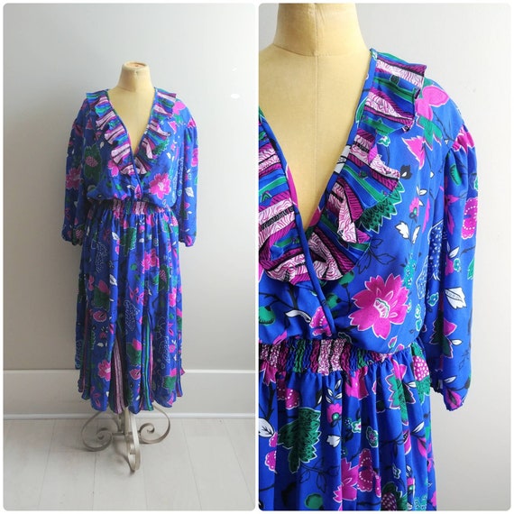 M/L Vintage 1980s Colorful Blue Purple Floral Prin
