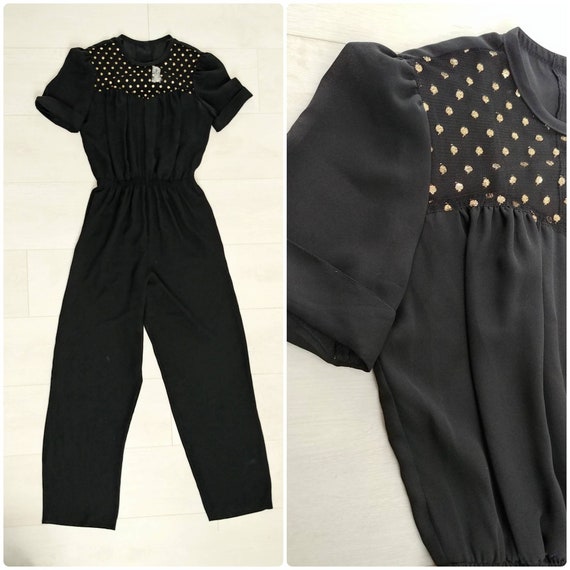 S/M Vintage 1980s Black Gold Mesh Jumpsuit Pantsui