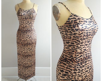 Small Vintage 1990s Leopard Gunne Sax Bodycon Dress 90s Slip Midi Prom Gown