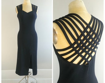 Medium Vintage 1990s Black Cutout Midi Dress Slip Cocktail Prom Gown