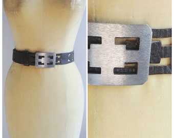 Vintage 1990s Brown Leather Cutout Belt Silver Buckle Womens Accessories