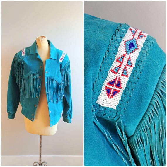 Small Womens Vintage 1980s Teal Blue Fringe Suede