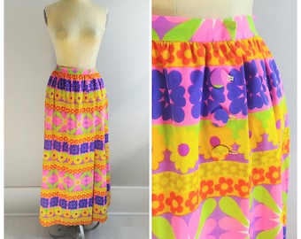 Small Vintage 1960s Womens Retro Print Midi Wrap Skirt Neon Hippie