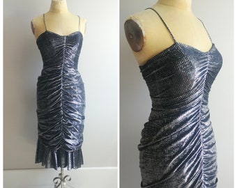 S/M Vintage 1970s Ruched Silver Disco Queen Dress Greek Goddess