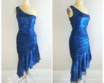 Small Vintage 1980s Dress Blue Glitter One Shoulder Ruched Party Cocktail Midi, Womens Evening Gown