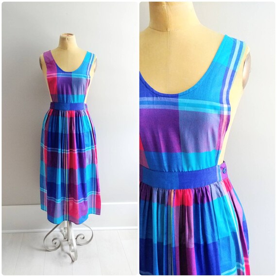 Small 1980 Blue Plaid Pinafore Apron Midi Dress Su