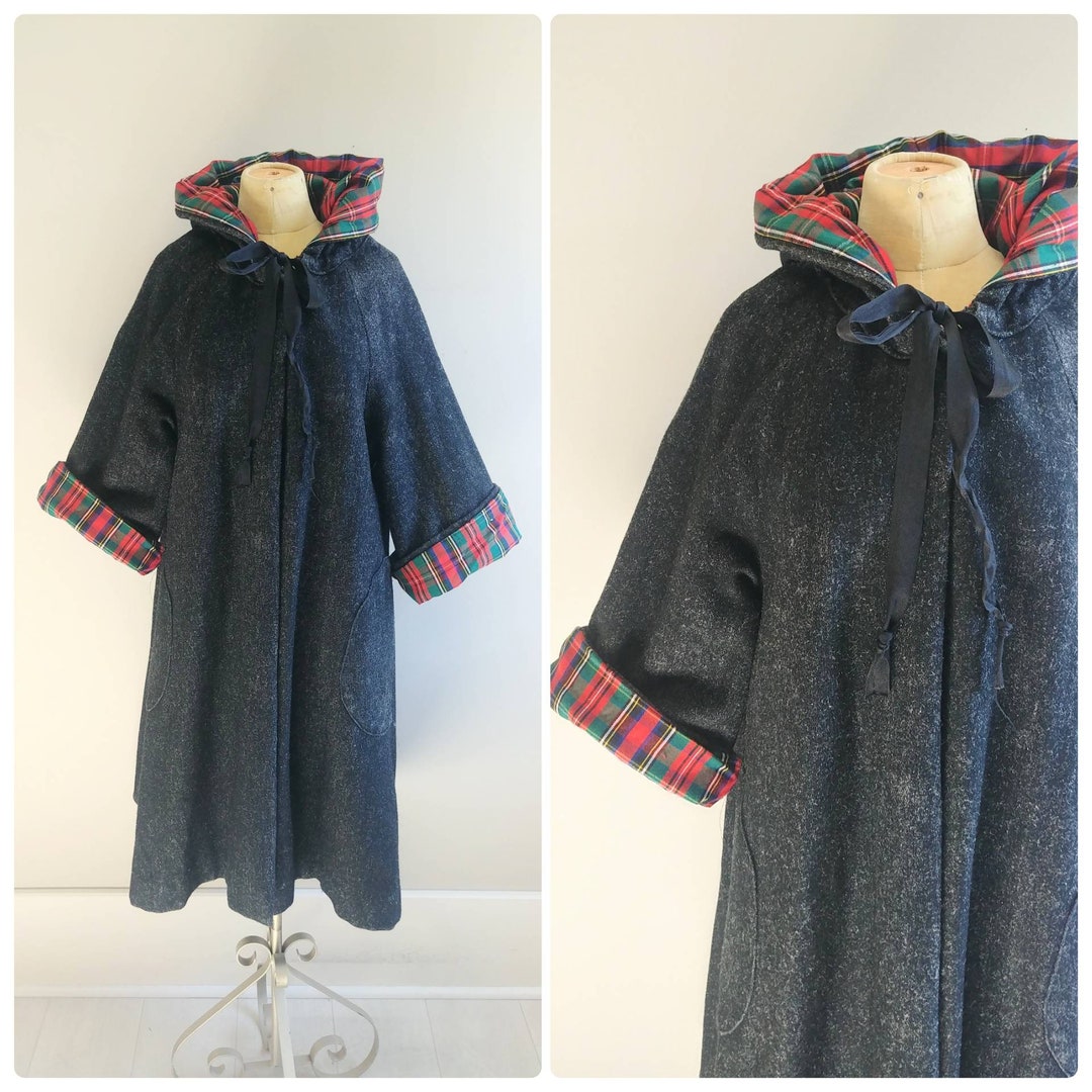 M/L Vintage Womens Grey Wool Cape Coat 1960s Plaid Winter Hooded Jacket Etsy