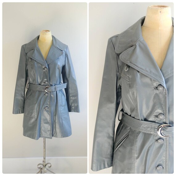 S M Vintage 1970s Grey Leather Wrap Trench Coat Winter Long Jacket