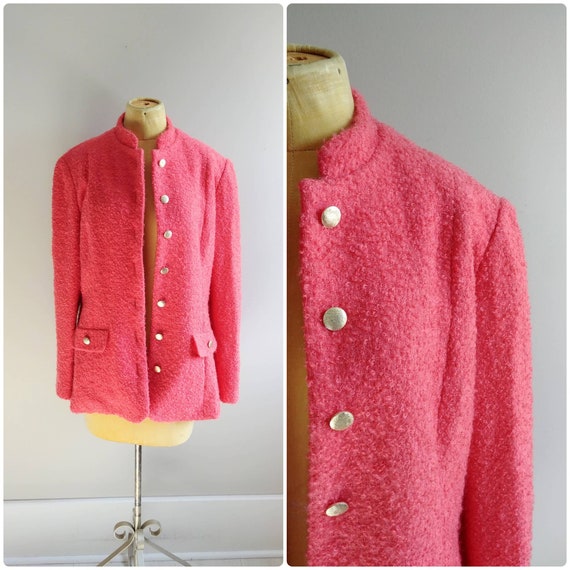 Medium Vintage Coral Pink Boucle Wool Knit Coat Sh