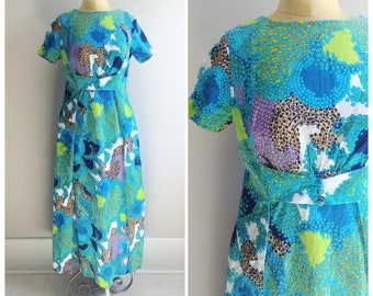 Medium  Vintage 1960s Hawaiian Barkcloth Dress Tropical Summer Maxi Gown Ja-Na