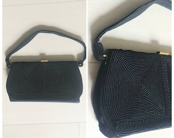 Vintage 1940s Cord Purse Handbag Black Clutch Bag