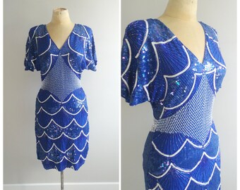 Small Vintage 1980s Sequin Dress, Womens Blue Scalloped Party Evening Gown