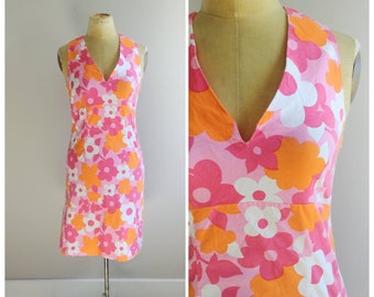 Medium Vintage Womens 90s Mini Dress, Orange Pink Flower Print, Tropical Y2K Summer Style