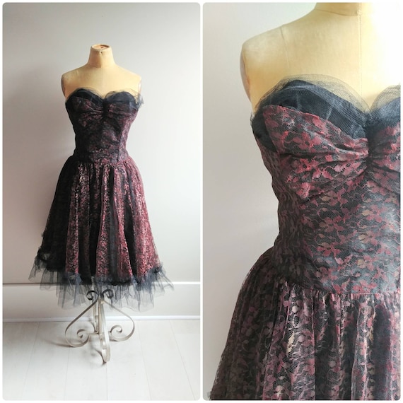 Medium 1950s Tulle Black Lace Party Dress Wedding