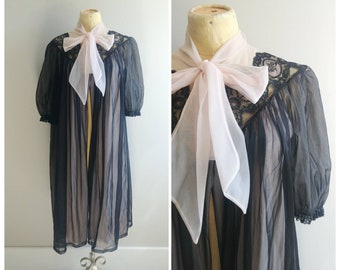 Vintage 1960s Black and Pink Lingerie Dress Coat Ruffle Slip Nightgown Top Boudior