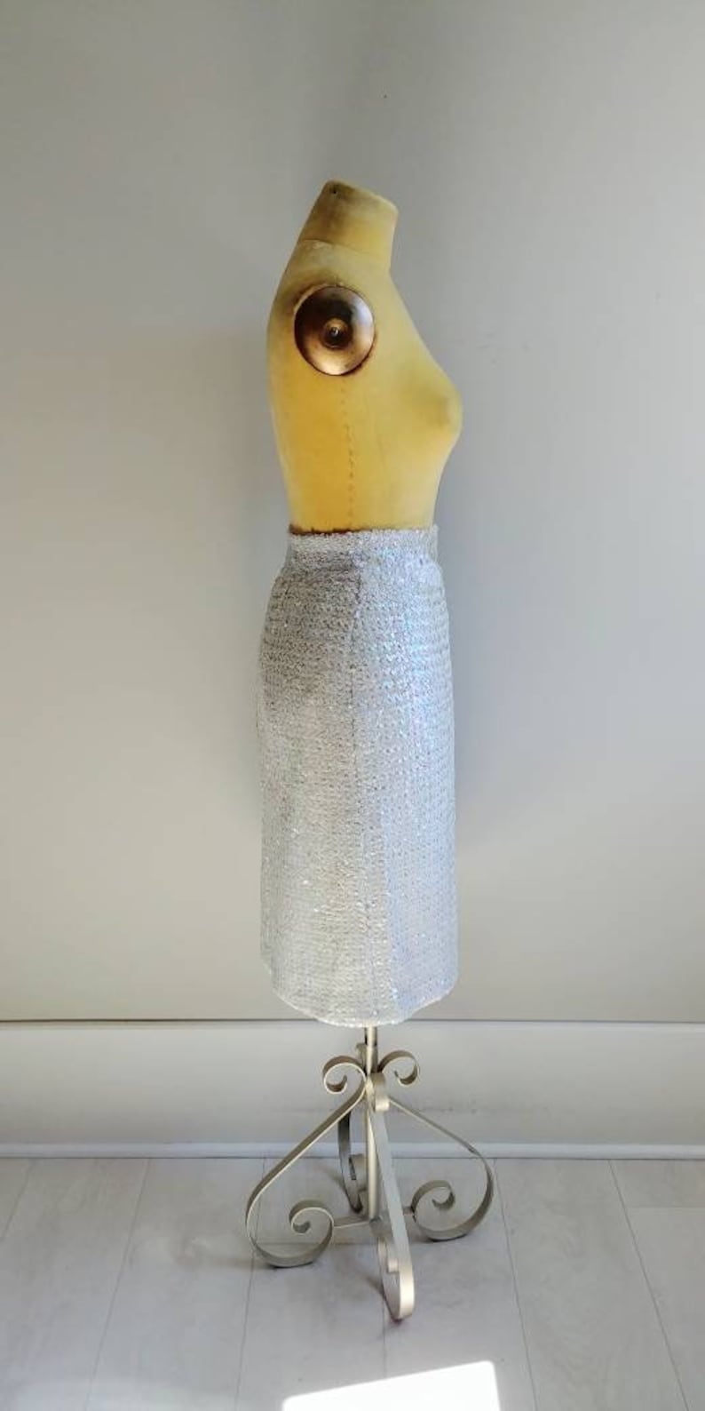 Small Vintage White Sequin Skirt 1960s Iridescent Glitter Party Dress