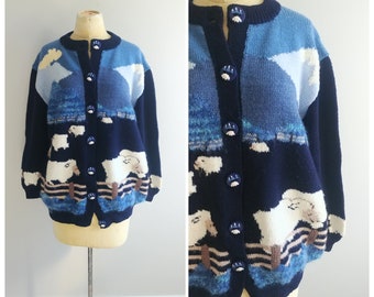 Large Vintage 1990s Novelty Sheep Lamb Sweater Wool Knit Australia Bonz Top