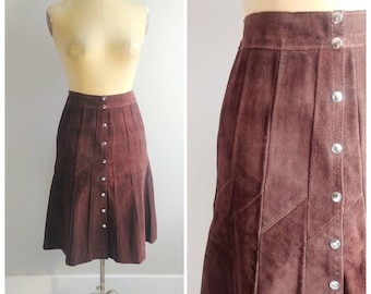 Small Vintage 1960s Brown Suede Leather Button up Skirt, High waisted Penny Lane Retro Boho Mod