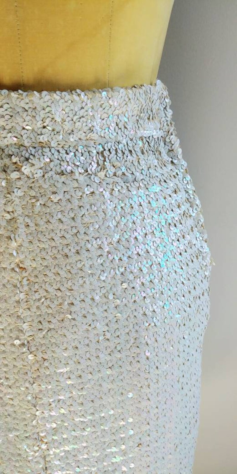 Small Vintage White Sequin Skirt 1960s Iridescent Glitter Party Dress