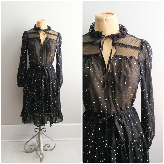 Small Vintage Prairie Dress 1970s Black Lace Mesh