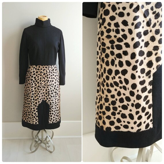 M/L Vintage Womens Dress 1960s Leopard Print Faux