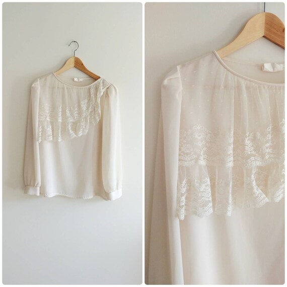 Large Vintage 1970s Lace Ruffle White Sheer Blouse