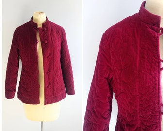 Medium Vintage Womens Red Quilted Jacket Velvet Flower Coat