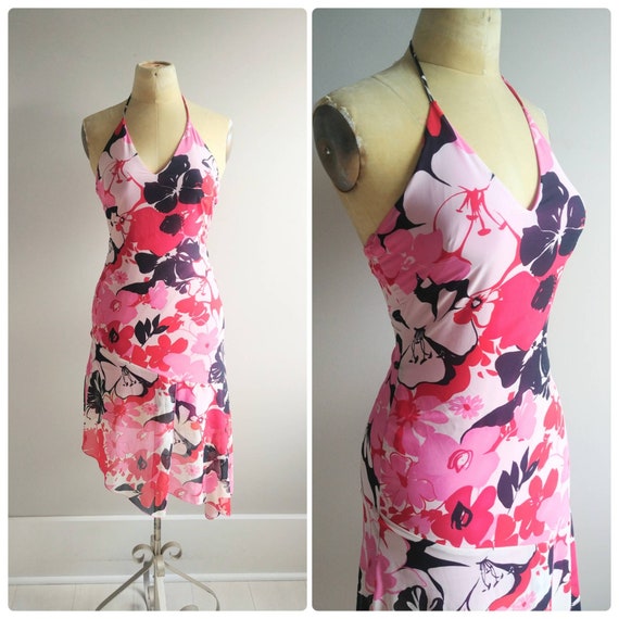 Small Vintage Womens 90s Slip Dress, Pink Tropica… - image 1