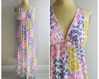 S/M Vintage 1960s 70s Retro Bright Flower Print Summer Halter Dress, Maxi Beach Boho Gown