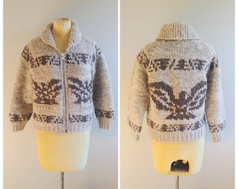 XSmall Vintage Wool Knit Cowichan Style Sweater Eagle Thunderbird Winter Jacket