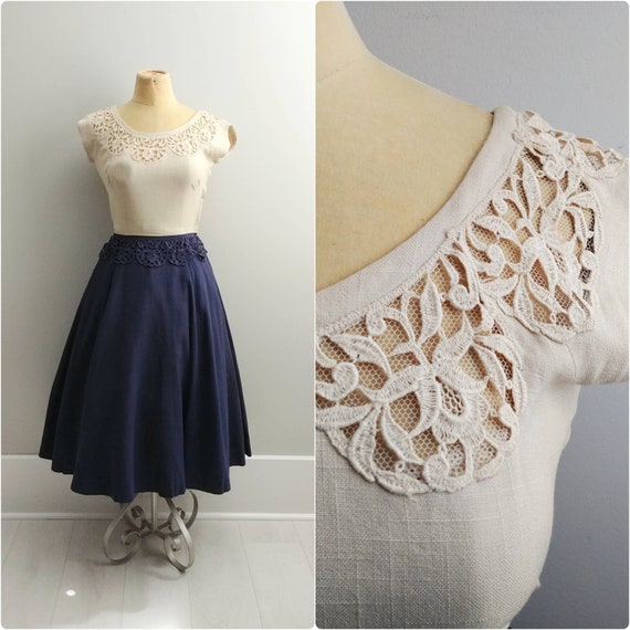 Small Vintage 1950s Carlye Linen Crocheted Peplum