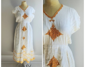 Medium Vintage Cotton Gauze Cream Dress Boho Hippie Summer Grecian Godess Gown