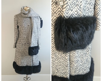 S/M Vintage 60s Gray Wool Fox Fur Trim Coat Winter Jacket
