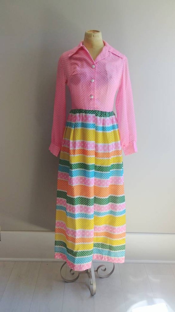 Small Vintage 1960s Dress Cotton Rainbow Polka Do… - image 2