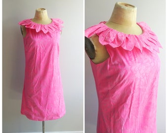 Small 1960s Neon Pink Petal Mini Dress Butterfly Print Spring Summer Sundress
