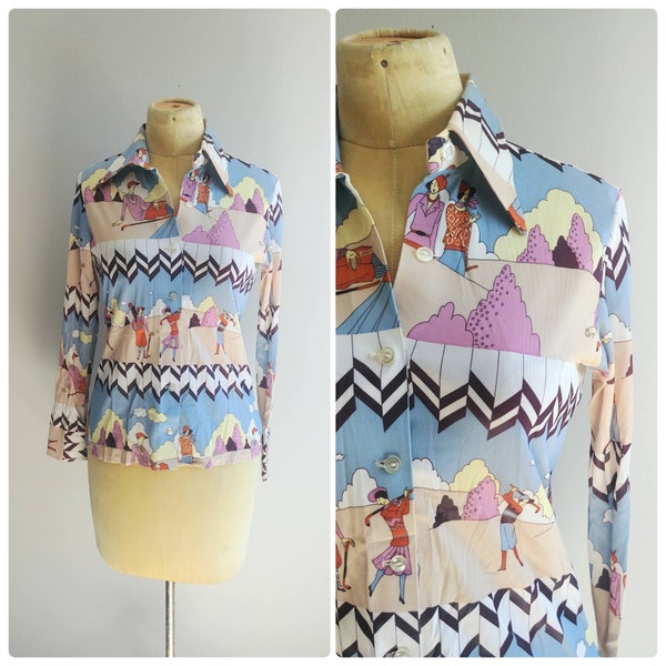 Small Vintage 1970s Blouse Novelty Golf Retro Print Long Sleeve Button Up Top