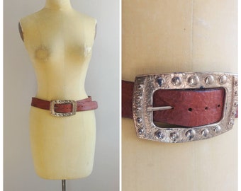 Vintage Y2K Brown Leather Belt Chunky Large Buckle Womens Brutalist Accessories