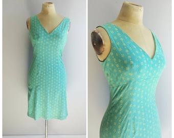 Small Vintage Womens 90s Slip Dress, Bias Cut Rayon Gown, Green Flower Print Summer Style