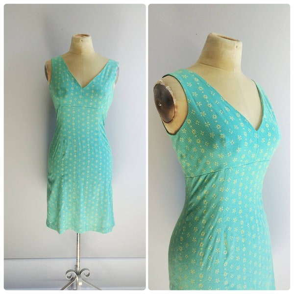 Small Vintage Womens 90s Slip Dress, Bias Cut Rayon Gown, Green Flower Print Summer Style